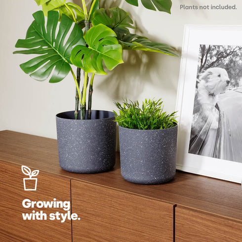 22cm Round Sandstone Plastic Plant Pot Grey - Set of 2